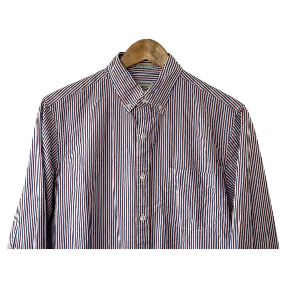 J. Crew Classic Fit Red & Blue Pin-Stripe Long Sleeve Button-Up Shirt Mens Small